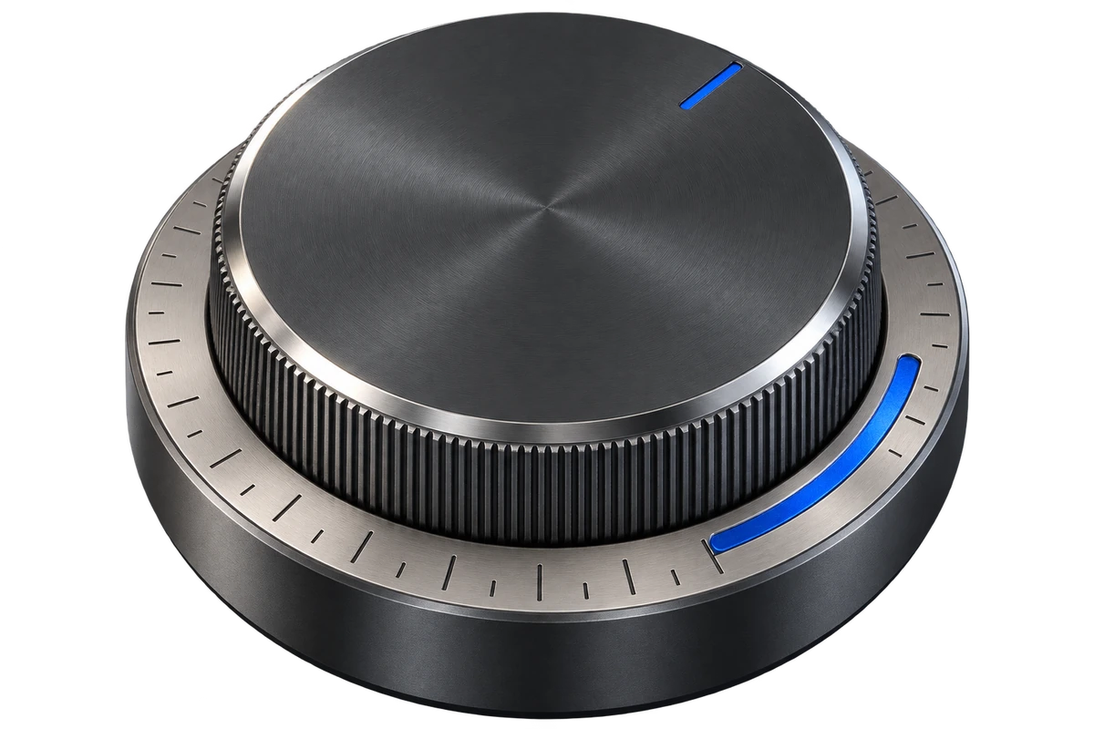 A precision graphite rotary dial with a brushed-metal bezel and cobalt-blue adjustment marker.