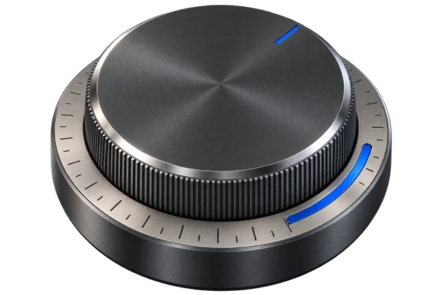 A precision graphite rotary dial with a brushed-metal bezel and cobalt-blue adjustment marker.