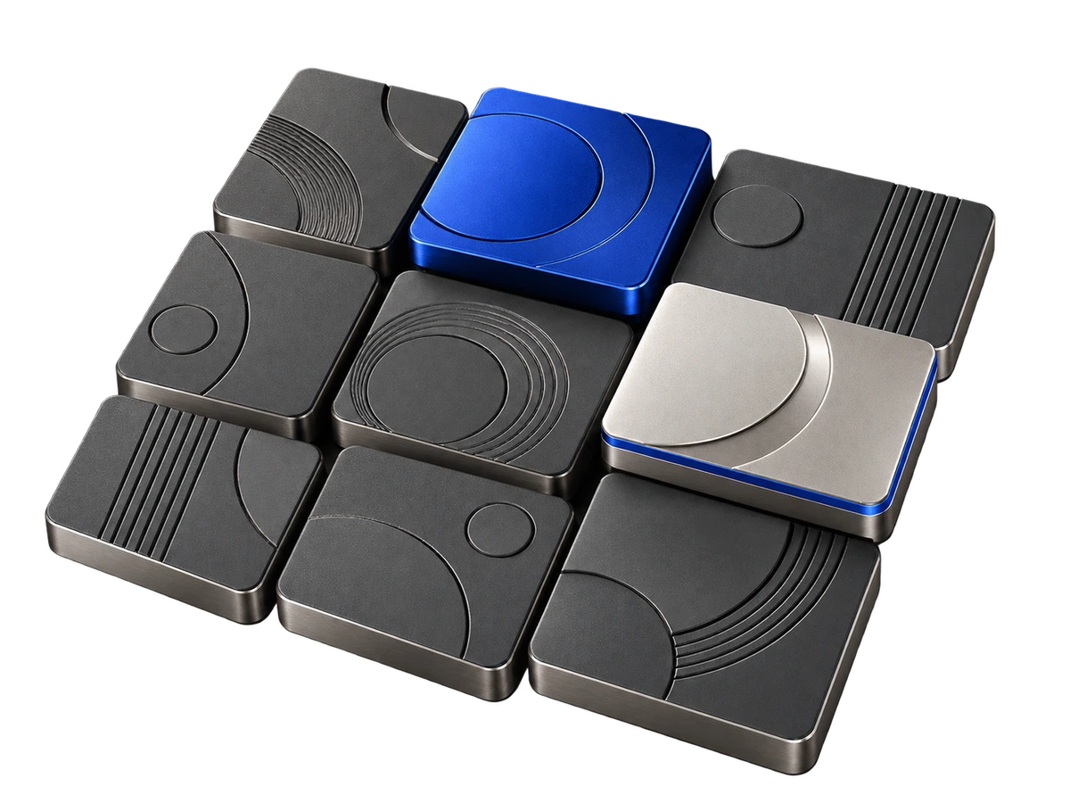 An ordered array of graphite tiles with two raised cobalt and titanium selections.