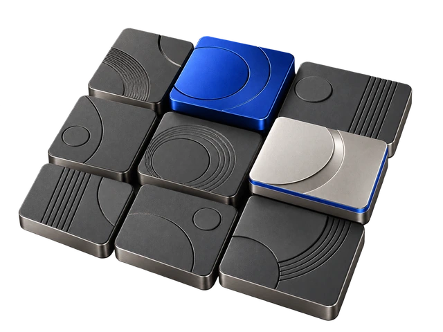 An ordered array of graphite tiles with two raised cobalt and titanium selections.