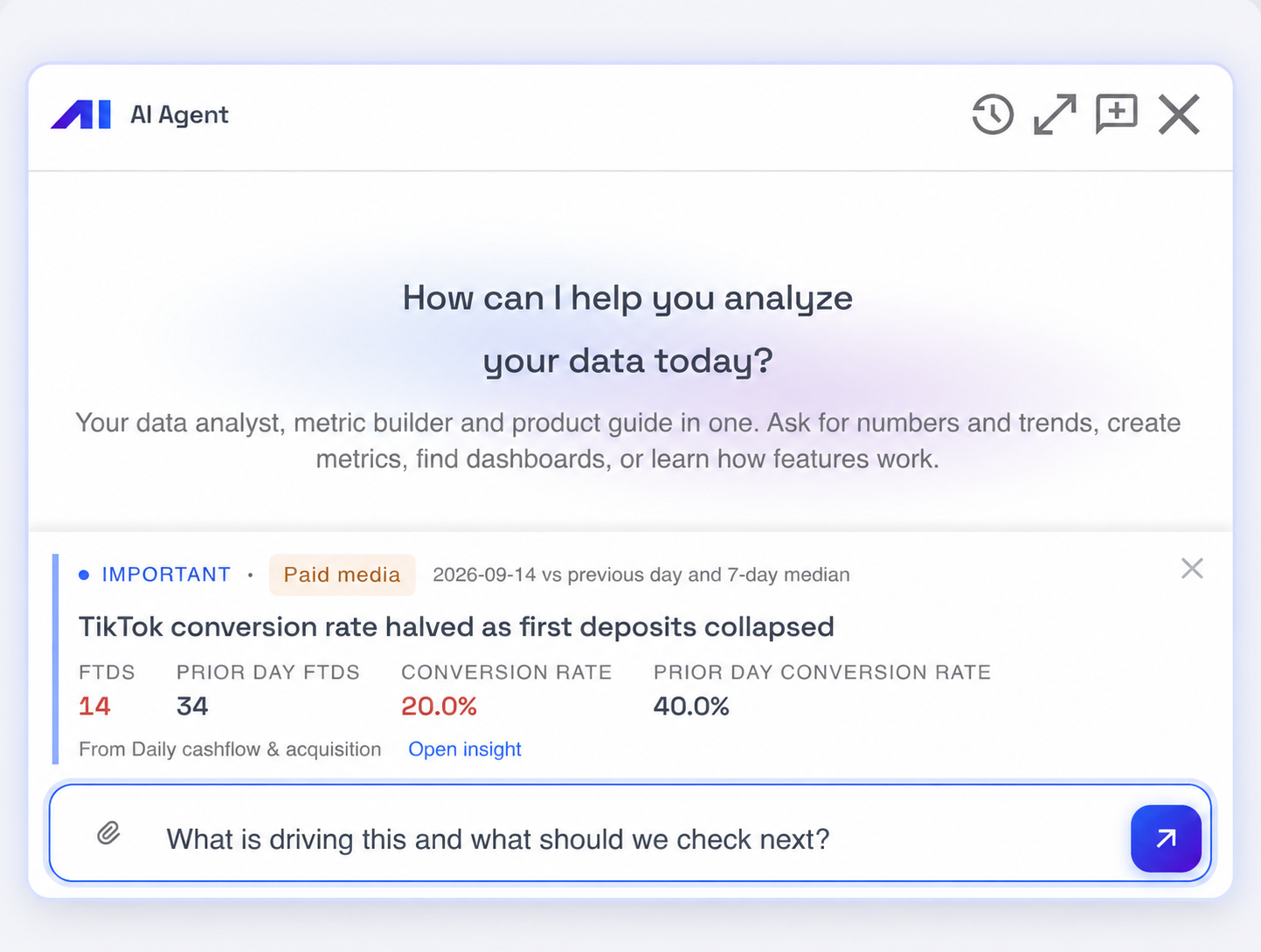 AI Agent chat with the TikTok insight attached and a question ready to send.