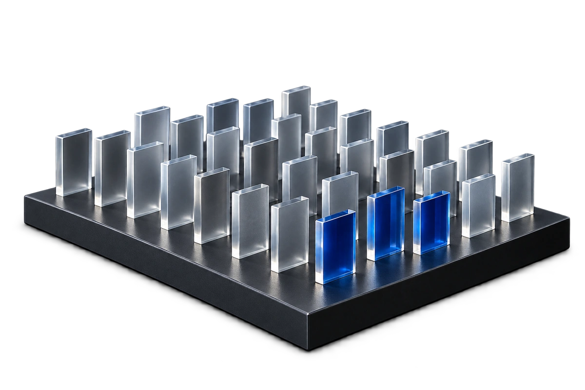 Three blue glass elements standing out within a larger group of translucent elements.