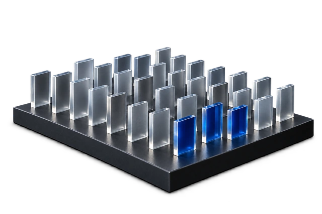 Three blue glass elements standing out within a larger group of translucent elements.