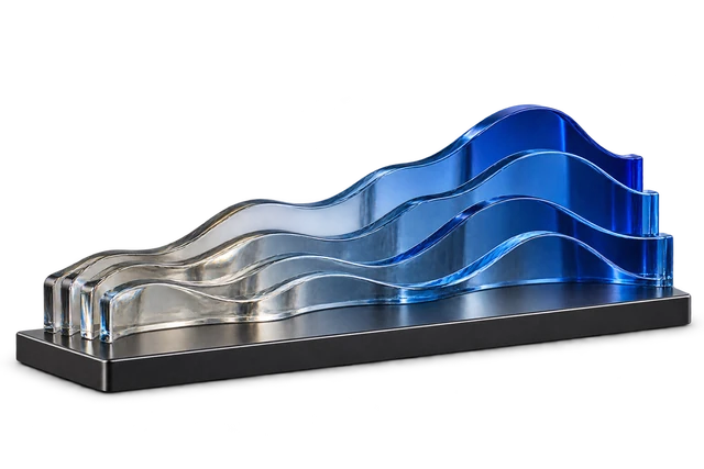 Abstract glass sculpture with curved ribbons transitioning from clear glass to cobalt blue.
