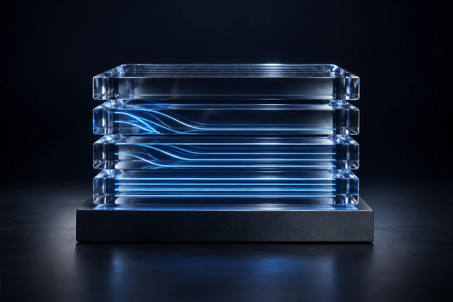 Layers of optical glass bringing blue data streams into one ordered foundation.
