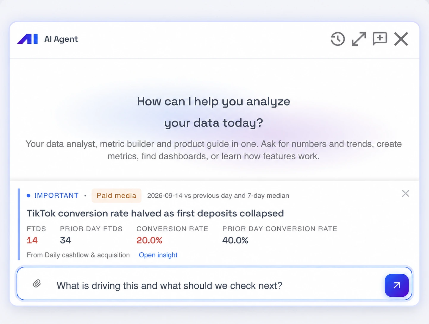AI Agent chat with the TikTok insight attached and a question ready to send.