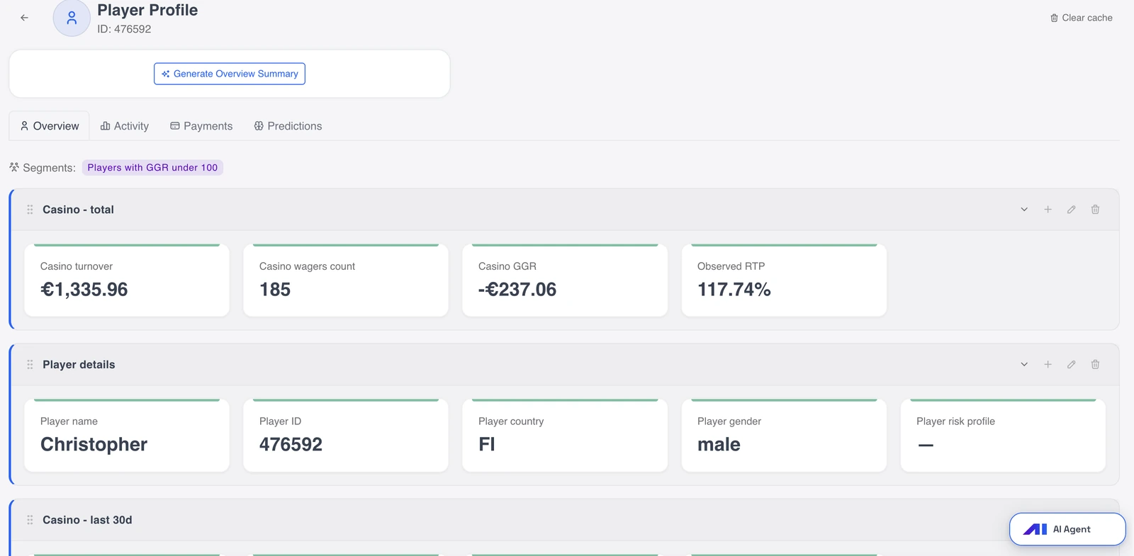 Gamblitude player profile — product example with demo data